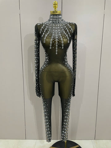 Sexy Sparkly Crystals Black Mesh Jumpsuit With Gloves 2025 Women Celebrate Birthday Party NightClub Singer Dance Stage Costumes