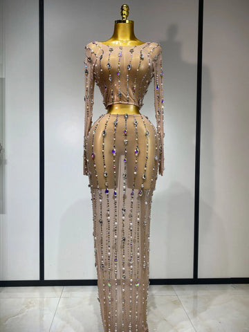 Women Sparkly Rhinestones Top Long Skirt Two Pieces Set Singer Dancer Nightclub Stage Performance Costume Luxury Birthday Dress