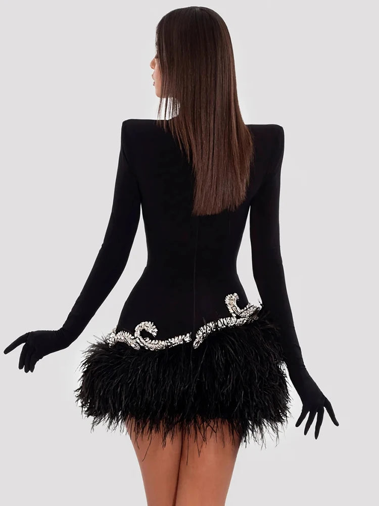 VC Chic And Elegant Dress Women Party Wear Long Sleeve With Gloves Luxury Crystal Design Velvet Mini Feather Dress