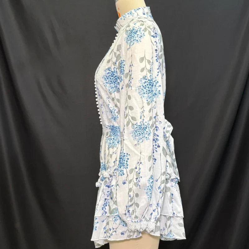 Hit Color Spliced Printing Elegant Dresses for Women High Waist Long Sleeves Patchwork Ruffles Folds Dress Female