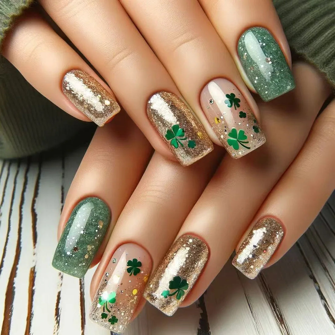 24Pcs Golden Glitter Fake Nail Art with Clover Sequin Design Medium Square False Nail Tip Simple Green Wearable French Gel Nails