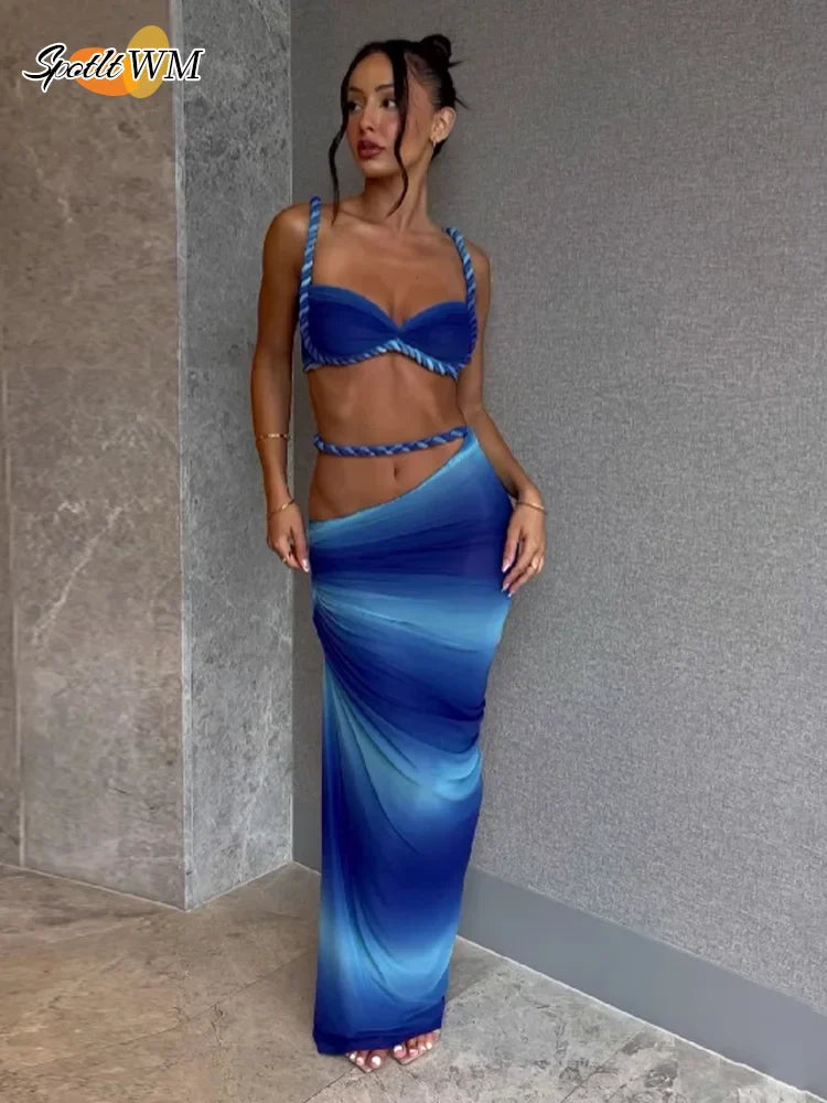 Elegant Contrasting Blue Gradient Bikini Set Fashion Pleated High Waist Women Swimsuit 2025 New Female Vocation Beachwear Robes