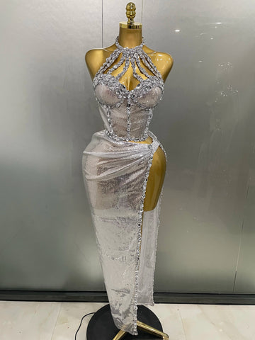 Sexy Luxury Shiny Diamond Sequins Cocktail Dress 2Pcs Set New Women Evening Celebrate Birthday Party Nightclub Stage costume