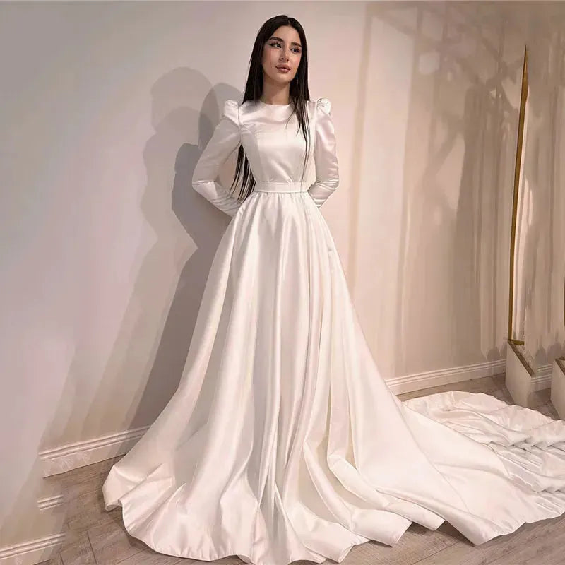 Ivory Muslim Wedding Dresses A Line Long Sleeve Bride Dress Classic Sleeveless Elegant Floor Length Wedding Gowns White