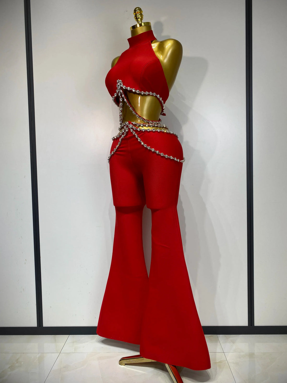 Women Luxury Rhinestone Red Sexy Cut Out Two Piece Pants Bandage Set  Celebrity Designer Fashion Women's Set Stage Outfit