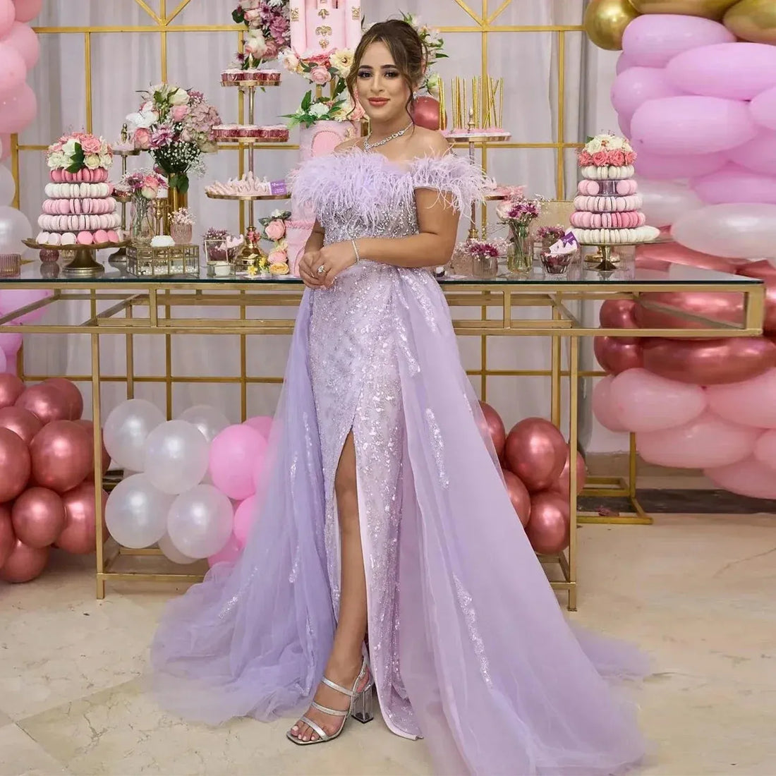 Luxury Dubai Feathers Lilac Evening Dress with Overskirt Side Slit Arabic Blue Green Women Wedding Party Gowns Evening Dress