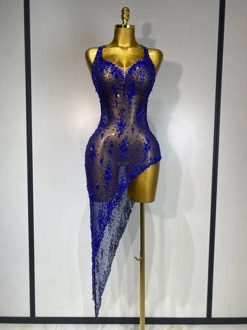 Women Sexy Luxury Birthday Prom Gowns Sparkly Diamond See Through Mesh Stretch Asymmetrical Dress Celebrity Elegant Stage Outfit