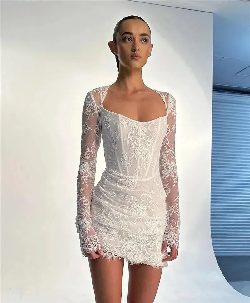 Sexy Full Lace Short Wedding Dresses With Jacket Long Sleeves Boning Mini Bridal Gowns Robe de mariage Party Dress Champagne Short Wedding Dress