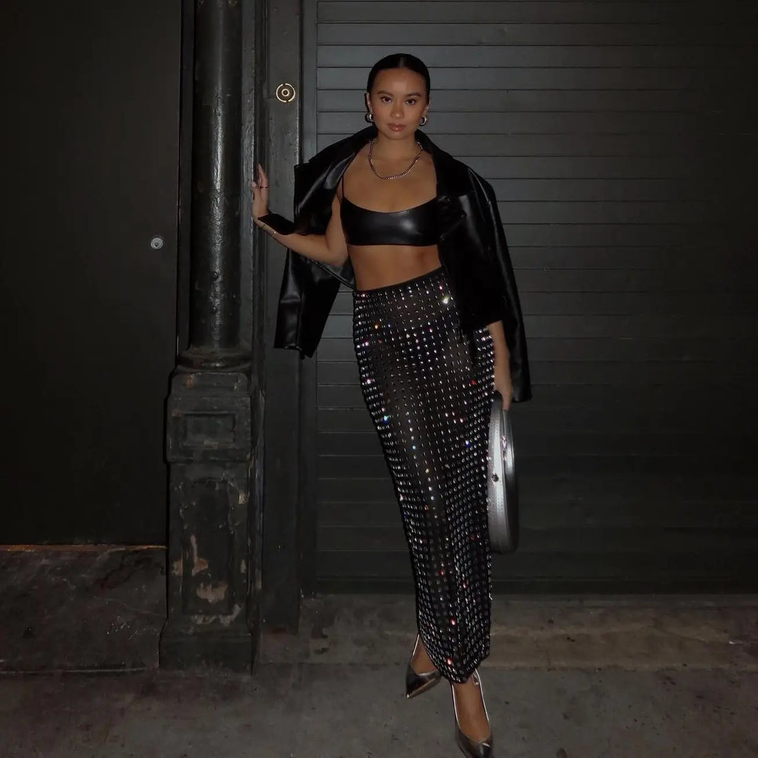 Shining Square Diamonds Sexy Mesh See Through Black Long Skirt Fashion Woman High Street Wear Evening Party Outfit