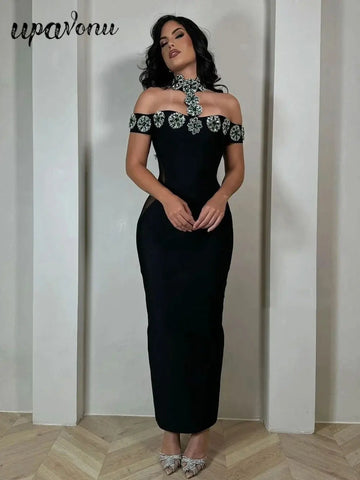 2025 Sexy Women Light Luxury Nail Bead Bandage Dress Hanging Neck Shoulder Short Sleeve Bodycon Long Dress Evening Party Vestido