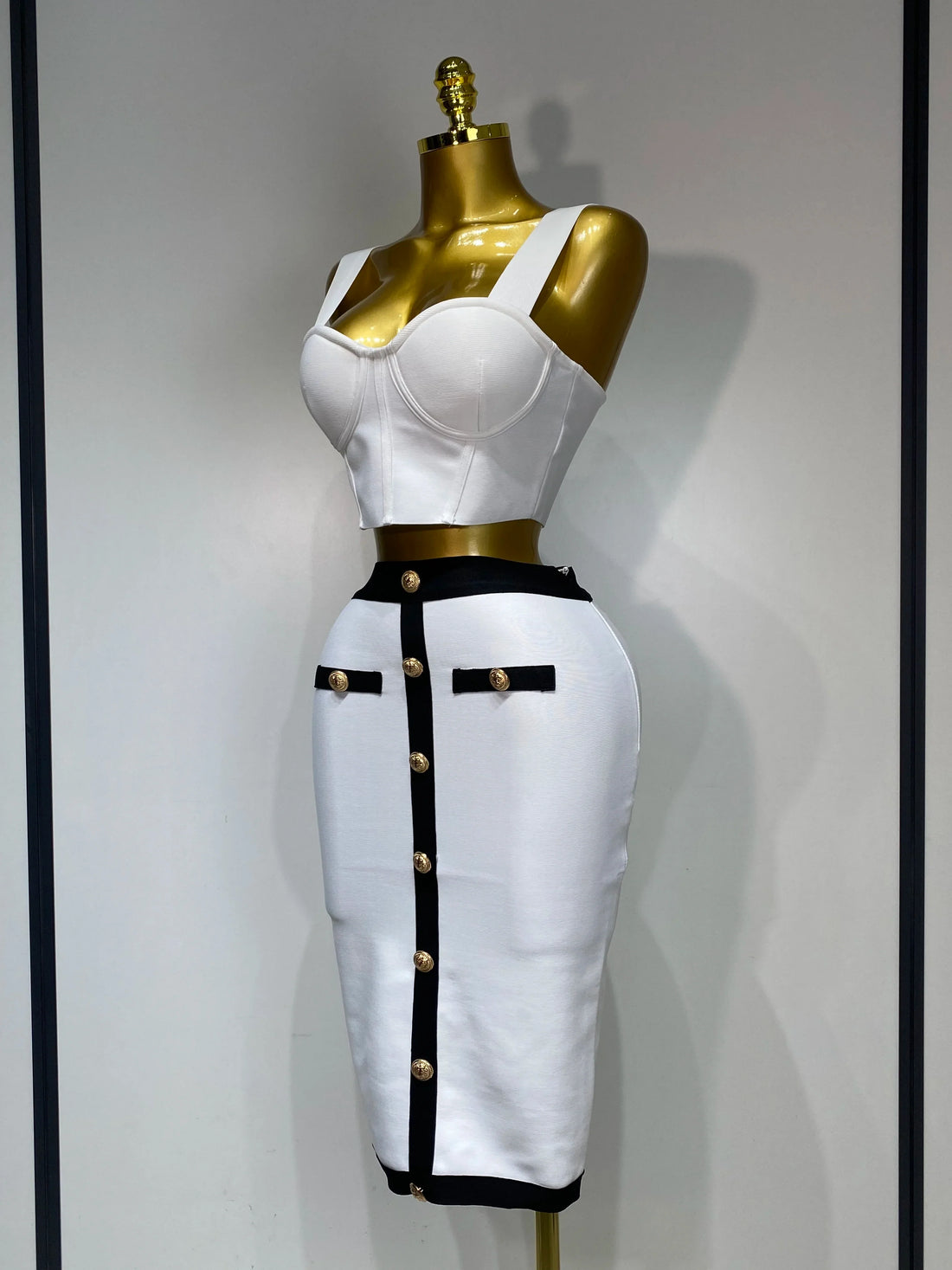 Women Button Patchwork White Black Bodycon Bandage Two Piece Set  Designer High Waist Party Club Skirt Set