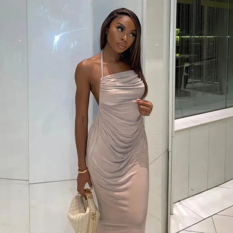 KKBEIER BR21Y587 winter suspender neck back lace up belly pocket loose medium length dress APRICOT