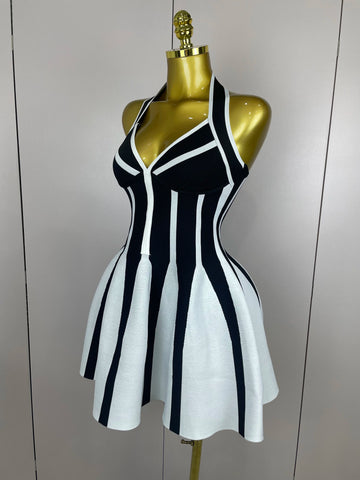 Sexy Backless Black White Stripes Halter Bandage A Line Short Dress 2025Women Celebrity Elegant Evening Party Holiday Club Dress