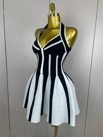 Sexy Backless Black White Stripes Halter Bandage A Line Short Dress Women Celebrity Elegant Evening Party Holiday Club Dress