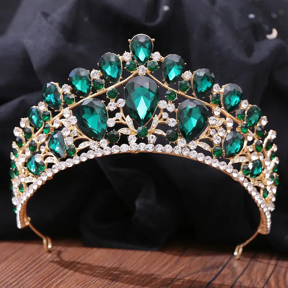 Baroque Crystal Crown Tiara For Women Bride Rhinestone Prom Diadem Women Bridal Wedding Hair Accessories Jewelry Crown Tiara Green