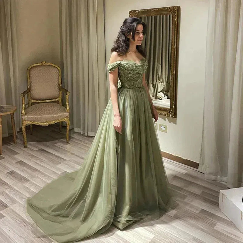 Elegant Off Shoulder Sage Evening Dresses for Women Wedding Guest Luxury Beaded Arabic Long Formal Party Gown Evening Dress