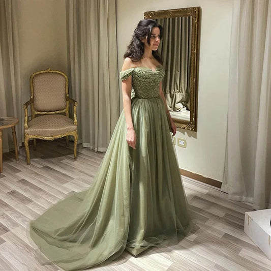 Elegantes vestidos de noche con hombros descubiertos en color salvia para mujer, para invitadas a una boda, lujosos vestidos de fiesta formales largos árabes con cuentas 