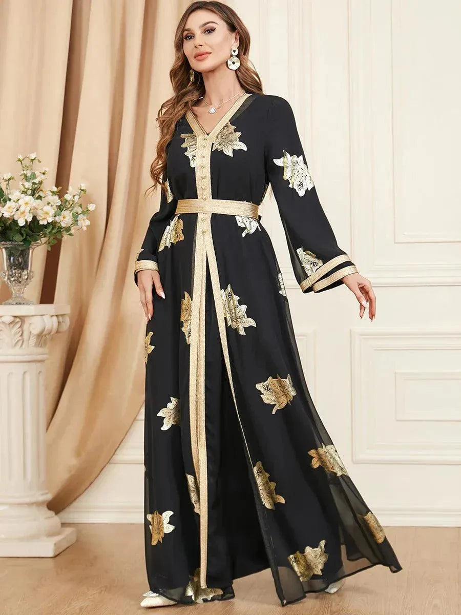 Elegant Casual Chiffon Turkish Abayas For Women Muslim 2 Pieces Set Gold Stamping Full Sleeve Belted Kaftan Gorgeous Party Style Green Dress