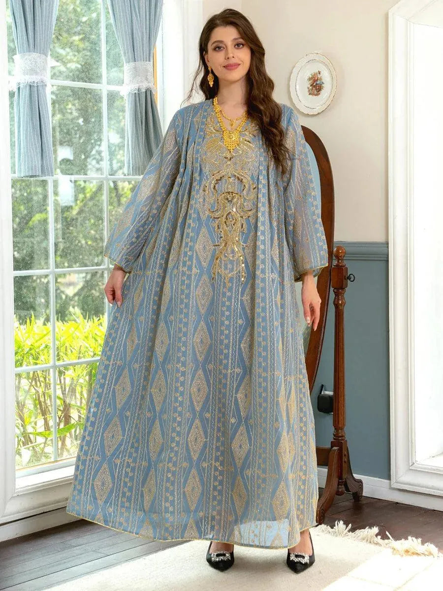 Gorgeous Party Evening Dresses for Women Dubai Muslim Vintage Ethnic Sequin Gold Thread Embroider Abaya Moroccan Kaftan Blue Dress