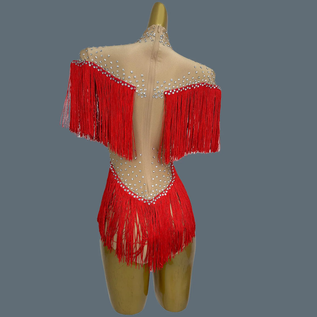 Nightclub Show Stage Performance Costume Rhinestone Red Tassel Bodysuit Women's Sexy Dance Leotard Dance Troupe Outfit Caizhuang