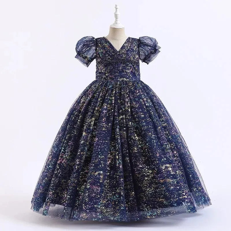 New Fashion Girls Dress Children's Long Wedding Dress Puffy Mesh Princess Bubble Sleeve Girls Birthday Party Dress