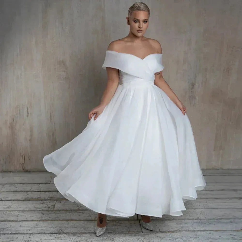 Short Civil Wedding Dresses For Women Ankle-Lenzgth Off The Shoulder Bride Dress Robe De Mariée A-line Simple White Short Wedding Dress