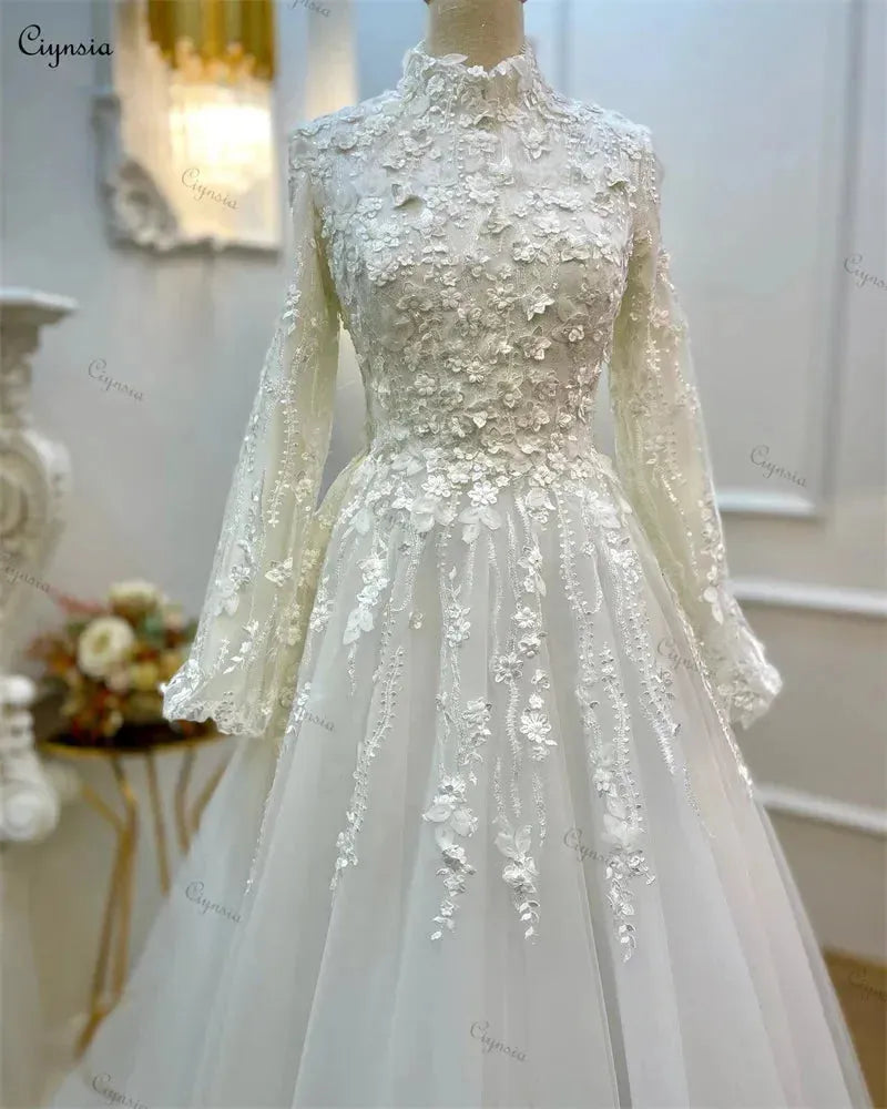 High Neck A Line Princess Wedding Dresses For Women Bride Full Sleeves Lace 3D Flowers Elegant Bridal Party Gown White