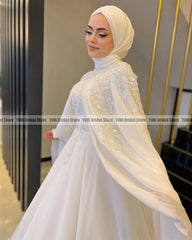 Eleganti abiti da sposa musulmani con maniche lunghe al collo del Capo Spazzare Appliques in chiffon Appliques perle Hijab Bride Abiti da sposa