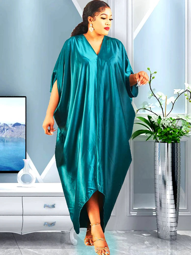 New Muslim Dresses For Women 2022 Stitching Color African Maxi Robe V-neck Print Short Sleeve Novelty Dress Kanga Clothing Bouou DR-802-5 One Size