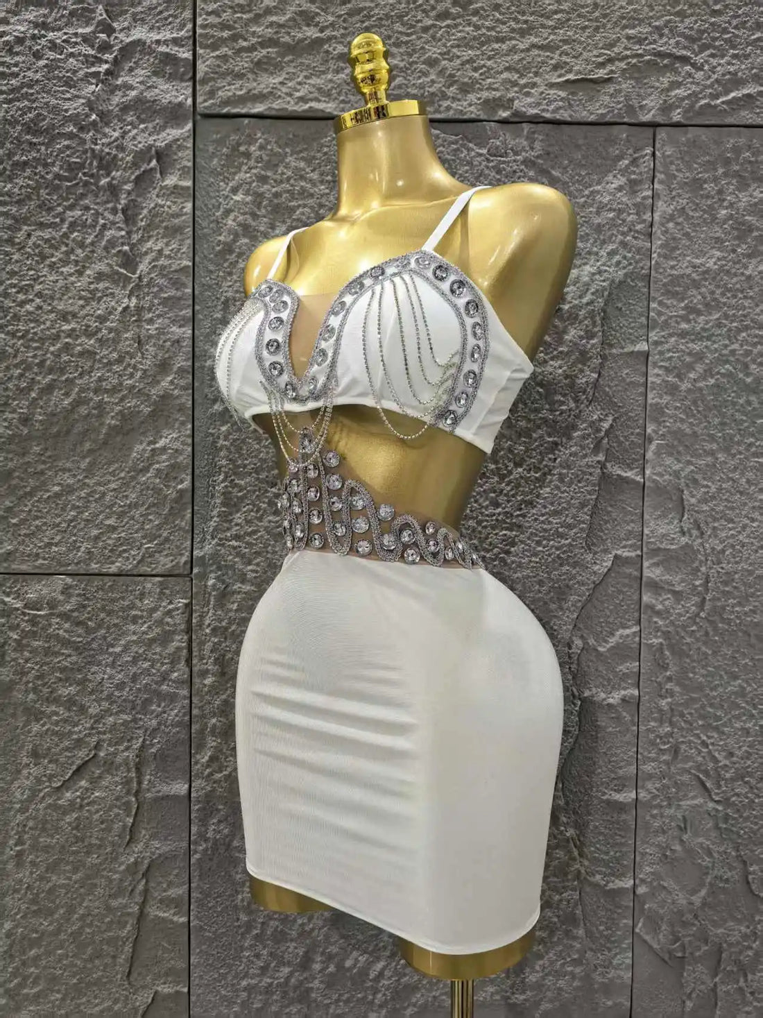 STOCK White Color Women Sleeveless Sexy Shinning Diamond Bodycon Mini Dress Birthday Party Celebrate Nightclub Outfit Vestido