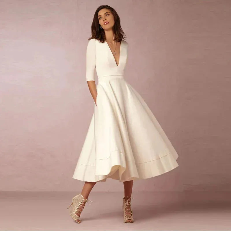 Elegant Satin Short Wedding Dresses Tea Length V Neck Half Sleeves Bride Dress Robe De Mariée A-line Simple White Satin