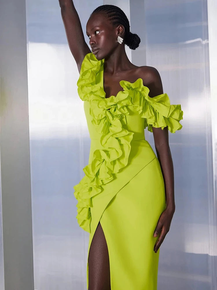 VC Women Sexy One Shoulder Ruffles Neon Green Split Maxi Long Bandage Maxi Dress Elegant Evening Club Party Cocktail Outfits