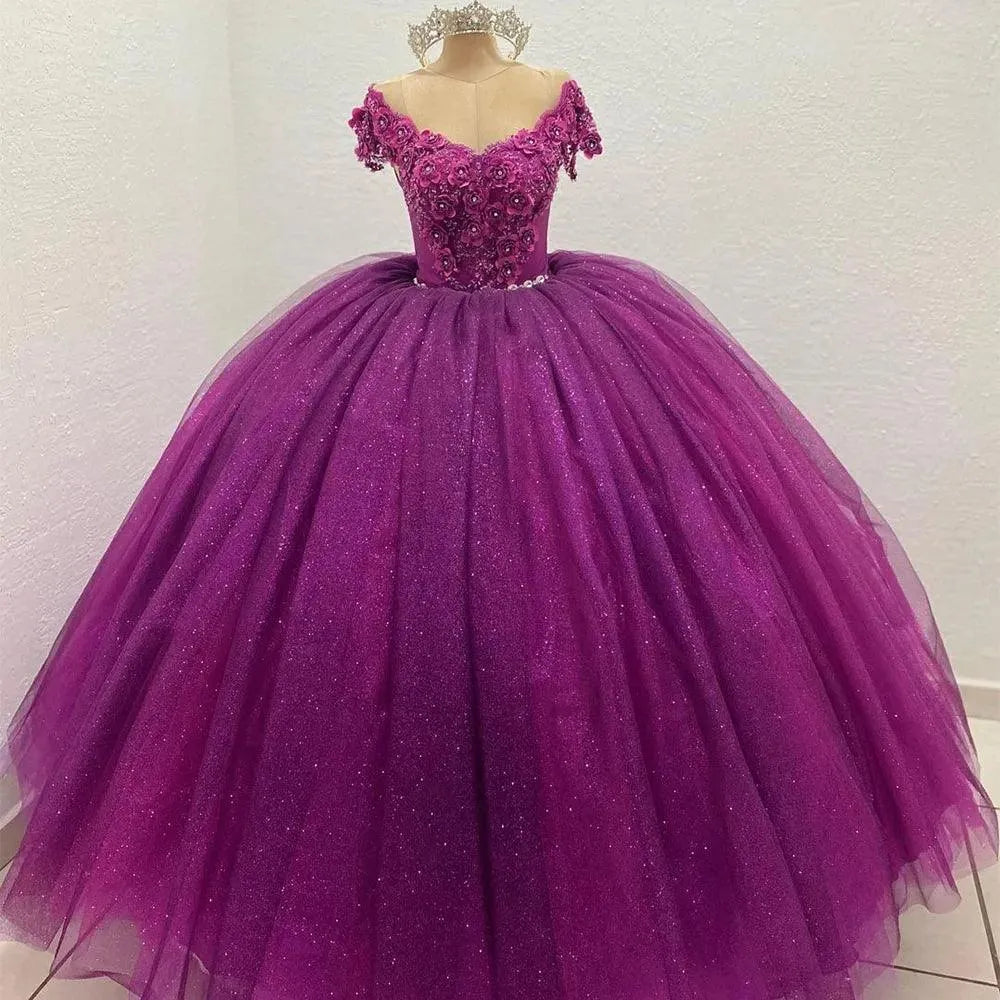 Quince Dress | Glittering Crystal Floral Quinceanera Dresses Vestidos De 15 Anos 3D Flowers Lace Applique Princess Birthday Gowns As Picture
