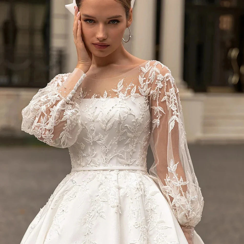 Vestidos de novia de lujo con apliques de encaje, línea A, fruncido mullido, vestidos de baile de satén, manga larga, formal, para novia, fiesta en la playa, vestido de novia 