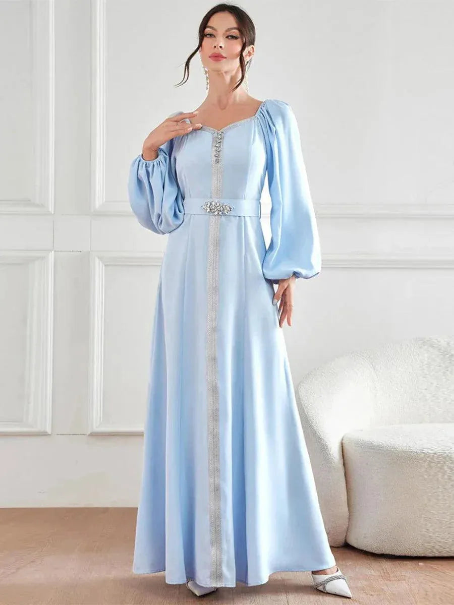 Dubai Evening Dress Women Moroccan Caftan Jalabiyat Solid Rhinestone Puff Sleeve Square Collar Belted Robe