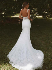 Deep V-Neck Sleeveless Lace Mermaid Wedding Dress Open Back High Side Slit Floor Length Bridal Gown Custom Made