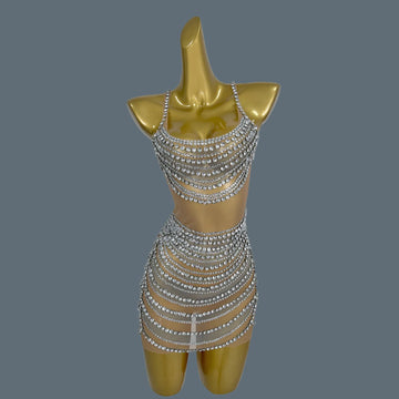 Elegant Party Dresses Luxury Women Sexy See Through Performance Costume Prom Crystals Diamonds Gowns Singer Stage Wear Fanwan