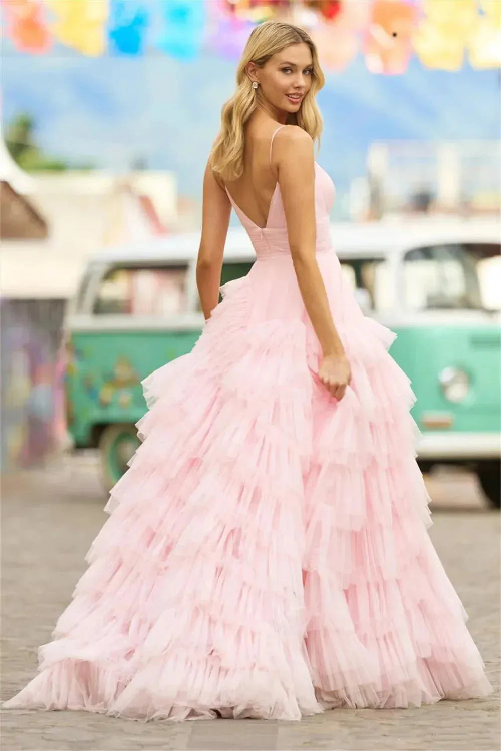 Pink Multilayer Prom Dress Princess Evening Dresses Tulle Sweep Train Party Dresses Sleeveless Robe De Soirée