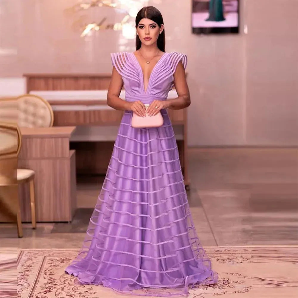 Lavender Prom Dresses V Neck Cap Sleeves A-Line Pleat Ruched Saudi Arabic Evening Gown Formal Party Dress As Picture