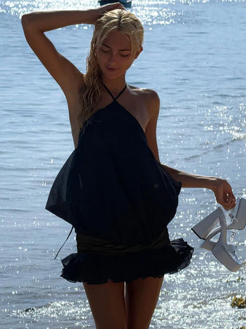 VC Vestido mini negro sin mangas con cuello halter y espalda abierta para fiestas modernas