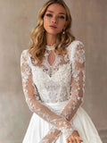 Beautiful Wedding Dresses With Detachable Train O-Neck Long Sleeves Bridal Gowns Lace Appliques Vintage Vestidos De Novia