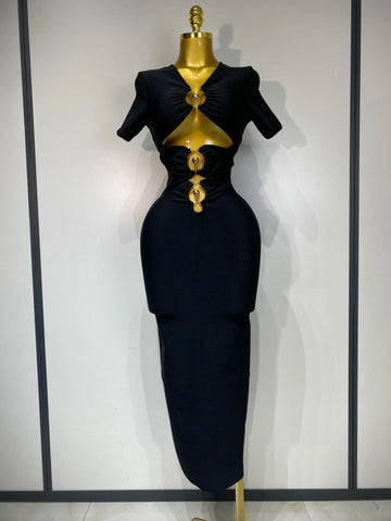 Women Sexy Cut Out Short Sleeve Bodycon Long Dress  Party Evening Celebrate Birthday Black Bandage Knitted Club Prom Gown