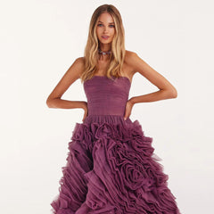 Vestidos elegantes de pântano roxo tule baile de baile de tule mangas sem mangas