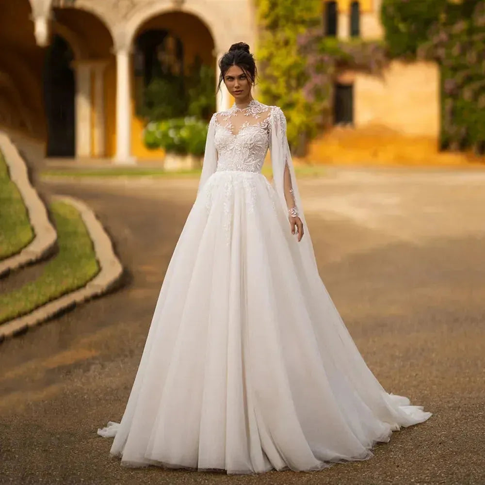 Boho Long Sleeves Lace Appliques Weeding Dresses With Cape High Neck A Line Illusion Beach Bridal Gowns Princess Robe De Mariée wedding dresses As PICS