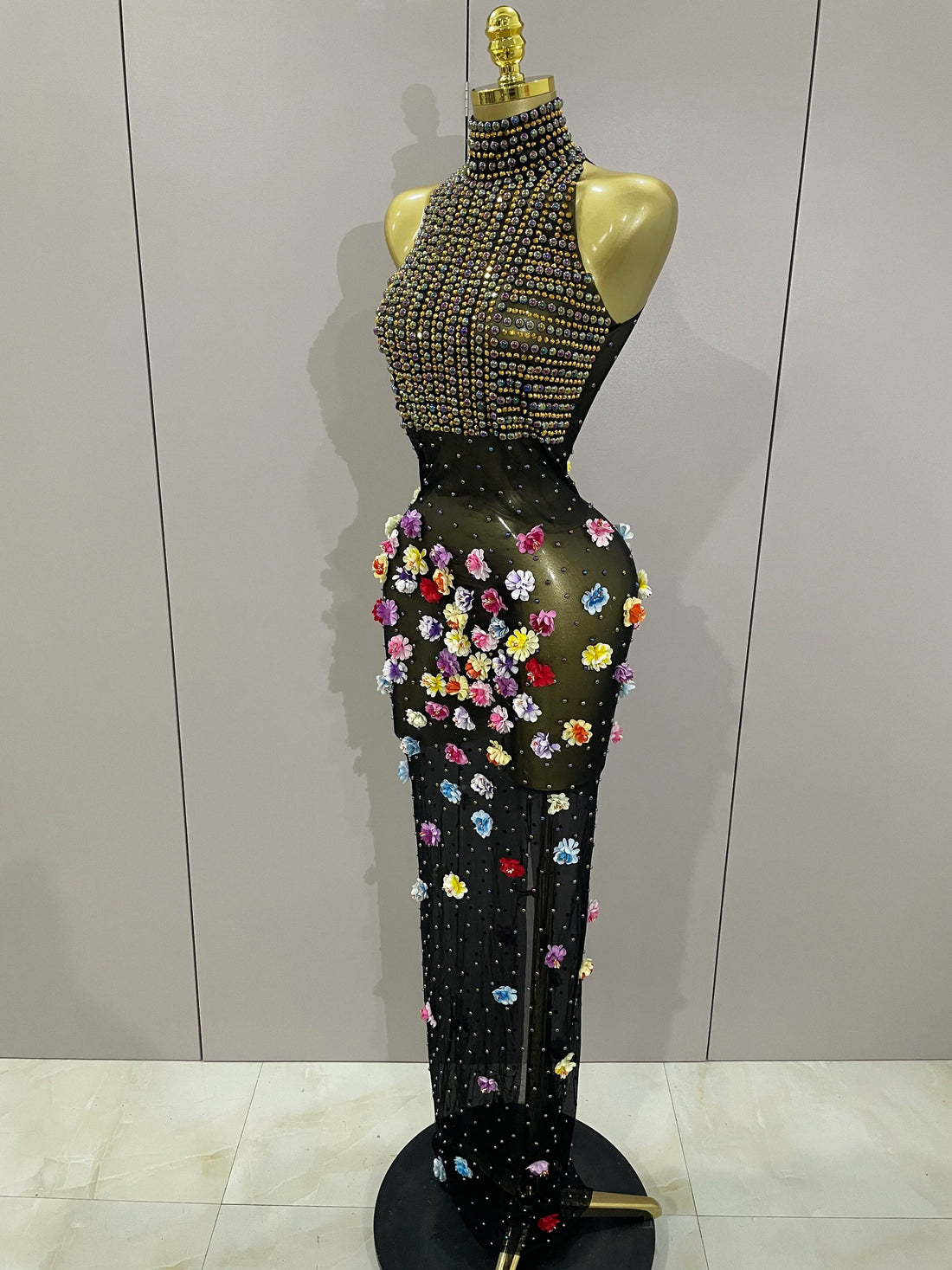 Sparkly Rhinestones Flowers Sexy See Through Long Dress Women Birthday Celebrate Wedding Evening Prom Dress Photo Shoot Wear