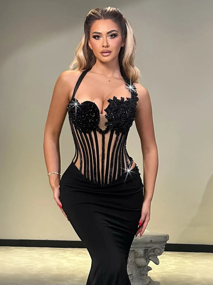 VC Glamorous Black Halter Sequin Flower Mesh Top Mermaid Dress for Galas Evening Gown