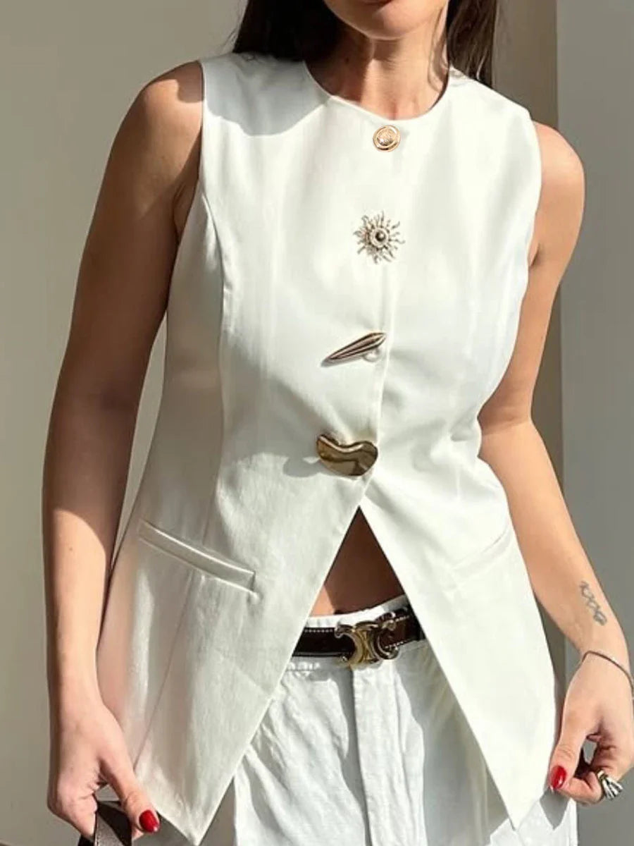 Solid Slimming Split Vests for Women Round Neck Sleeveless Patchwork Irregular Button Fashion Vest Female Clothing