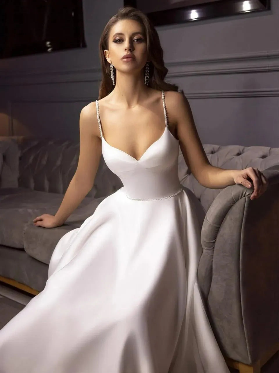 Slik Satin A Line Short Wedding Dresses Spaghetti Straps V Neck Bride Gowns Ankle Length Backless Wedding Gowns Ivory Satin Short Wedding Dress