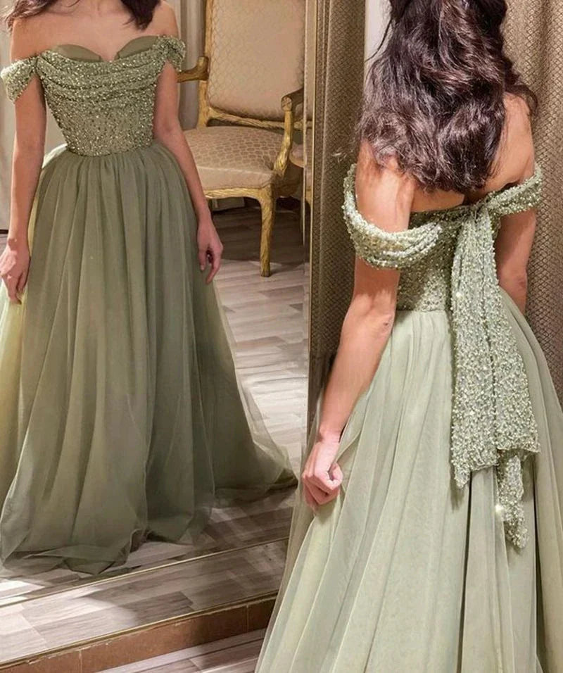 Aileen Green Prom Dress for Women A-word Handmade Sequins Luxury Woman Party Dress Party Evening Elegant Luxury Celebrity Robe