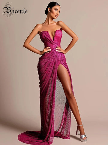 VC Hot Pink Strapless Sleeveless V-Neck Dress with Slit for Parties Evening Gown